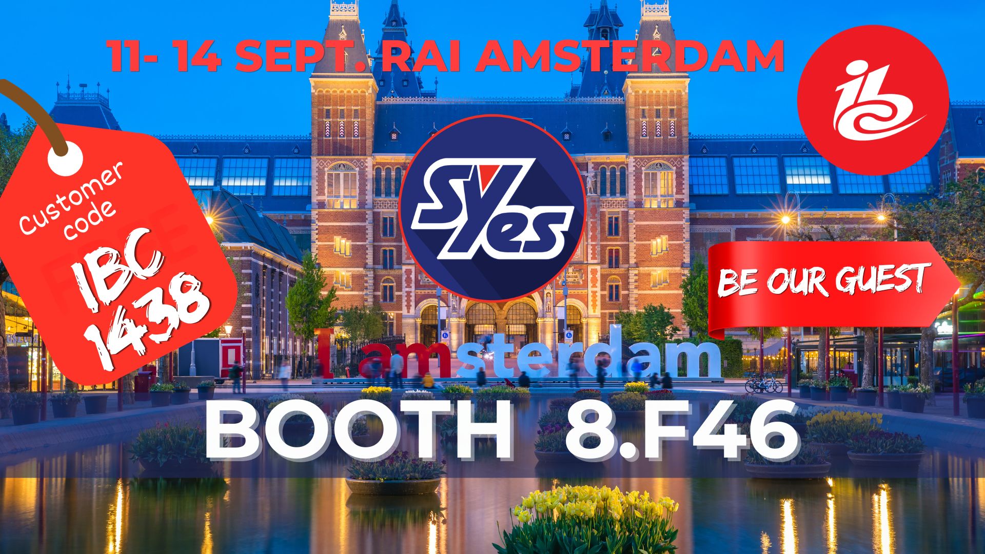 _NEWS IBC 2026 SYES invitation banner for IBC showcasing TV and radio transmission solutions at Booth 8F46, featuring free ticket code IBC1438
